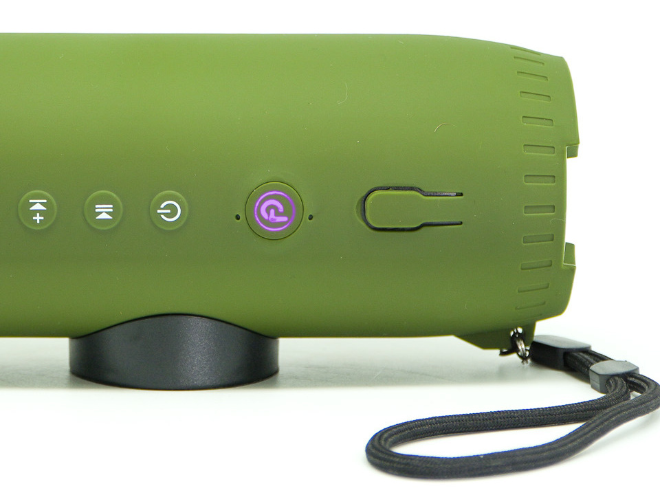 Party Button on a DryTunes speaker lit purple for DJ Broadcast mode